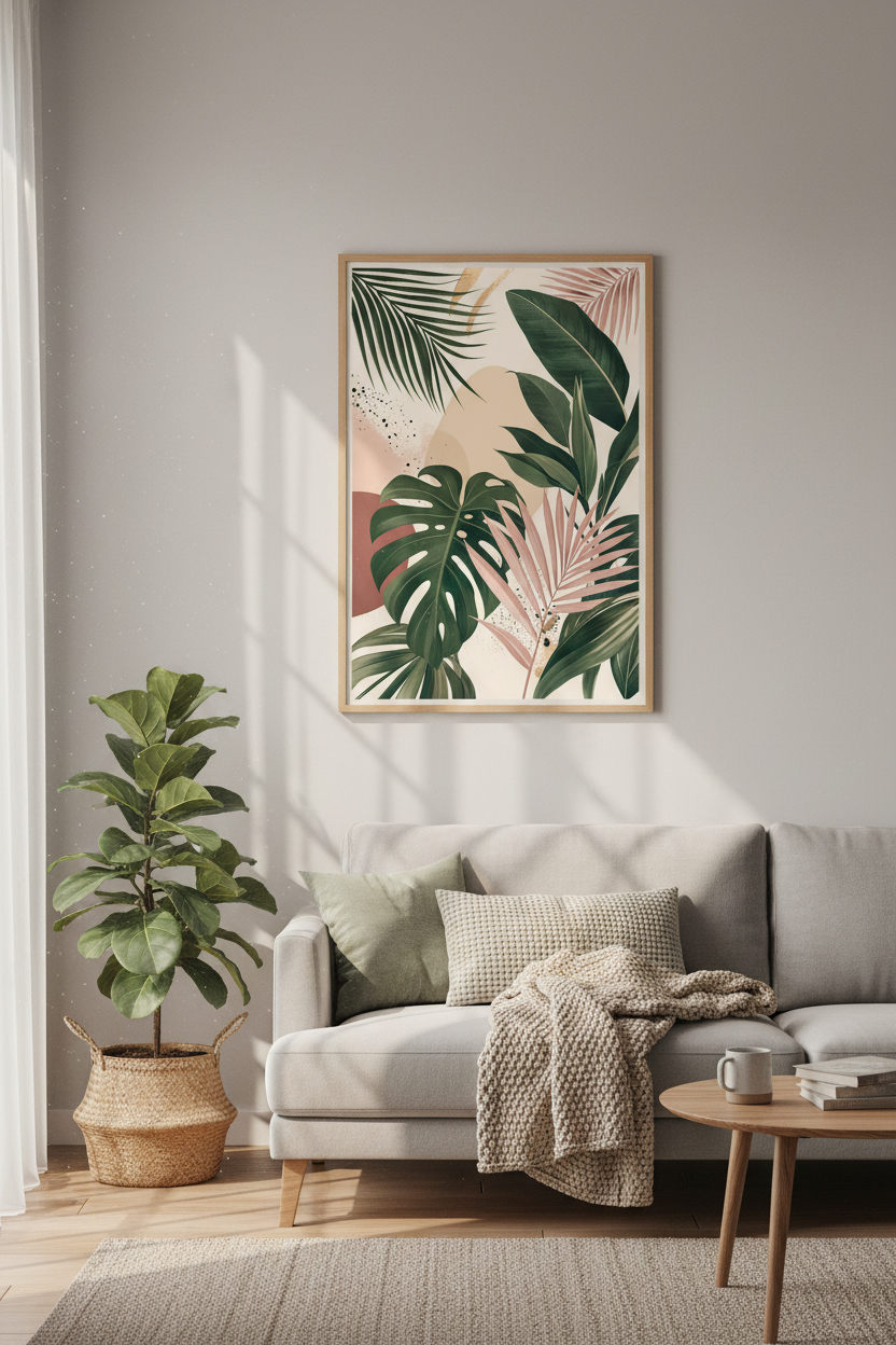 Tropical Monstera Leaves | Boho Pink &amp; Green Botanical, Modern Living Room Wall Art
