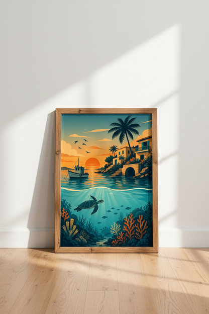 Sea Turtle Sunset Wall Art | Coastal Coastal View Poster, Nautical Home Decor