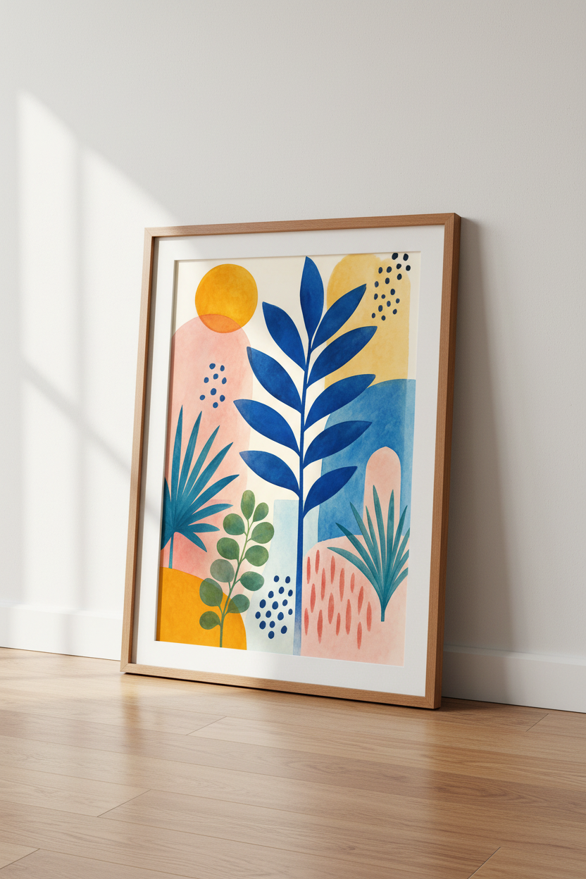 Abstract Botanical Watercolor Print | Boho Floral Blue &amp; Pink, Living Room Wall Art