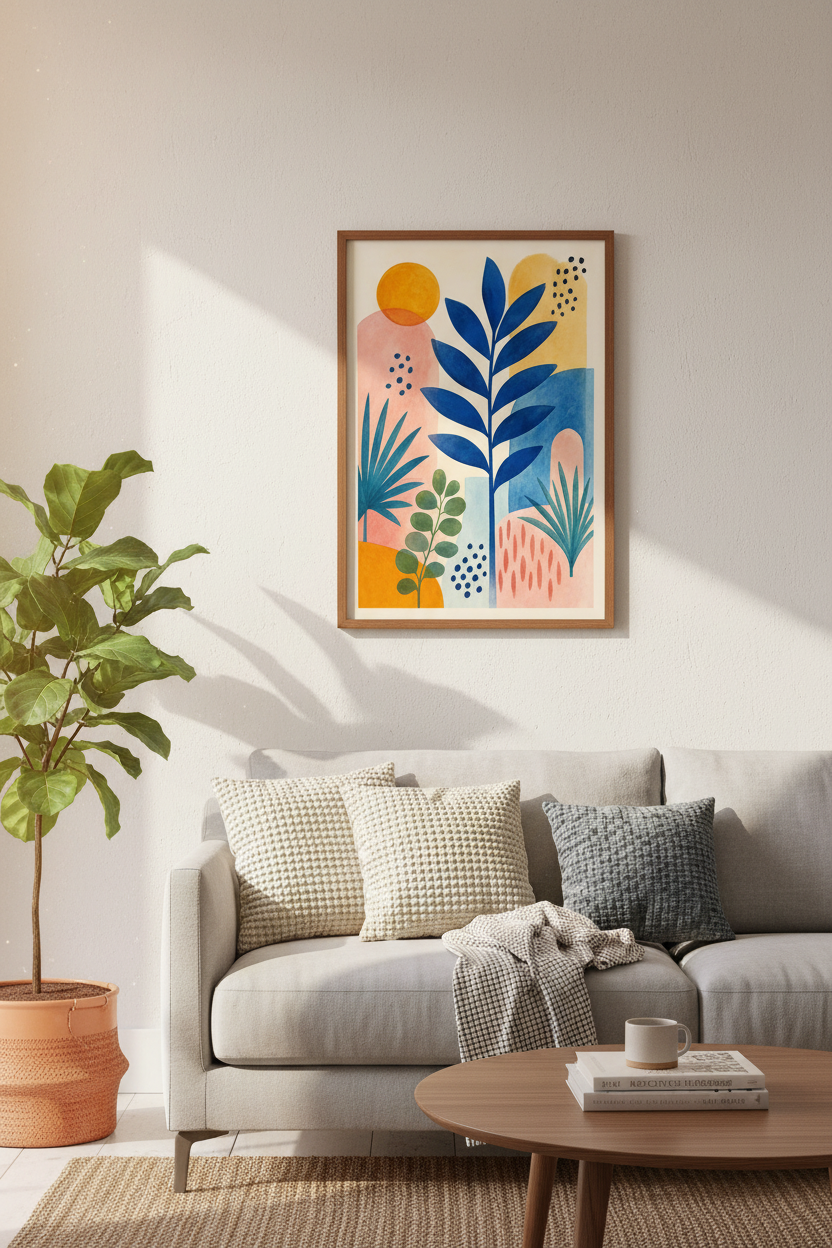 Abstract Botanical Watercolor Print | Boho Floral Blue &amp; Pink, Living Room Wall Art