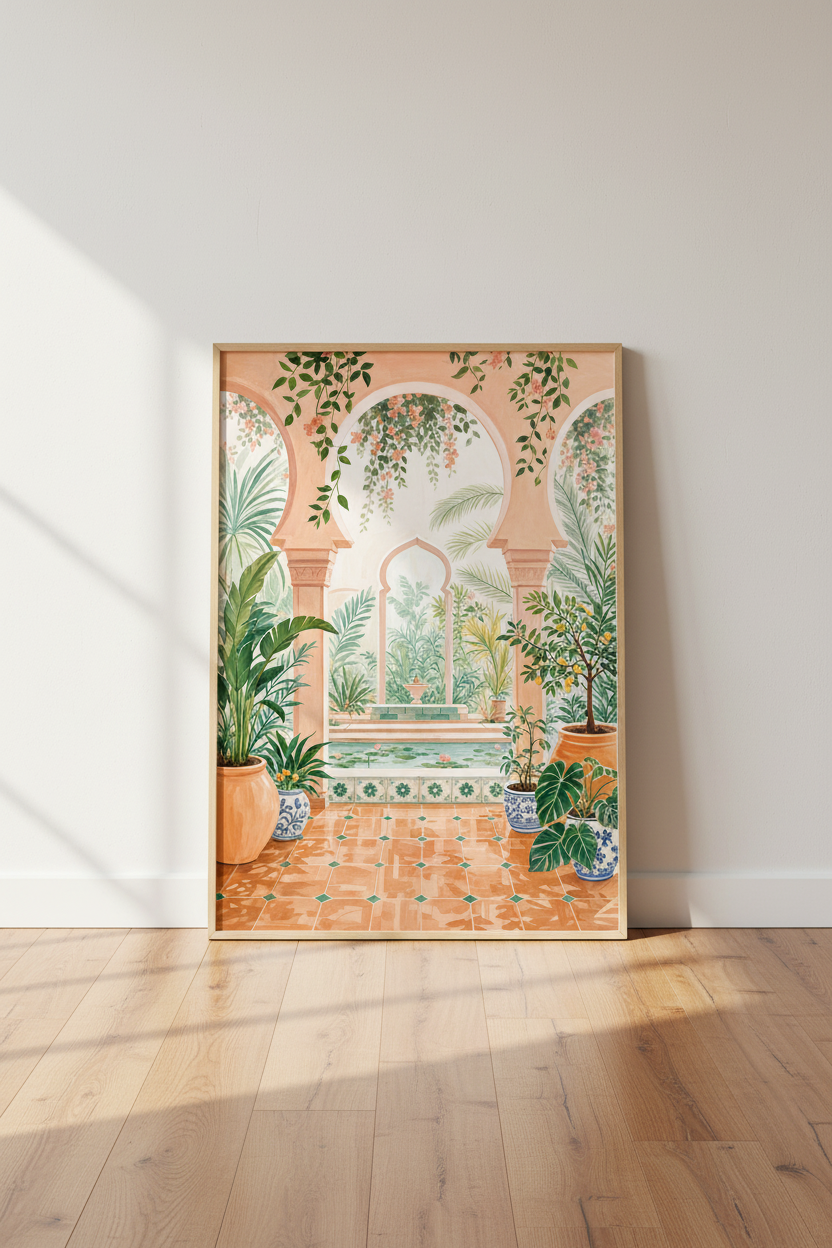Moroccan Courtyard Wall Art | Peach &amp; Terracotta Garden Print, Boho Mediterranean Decor