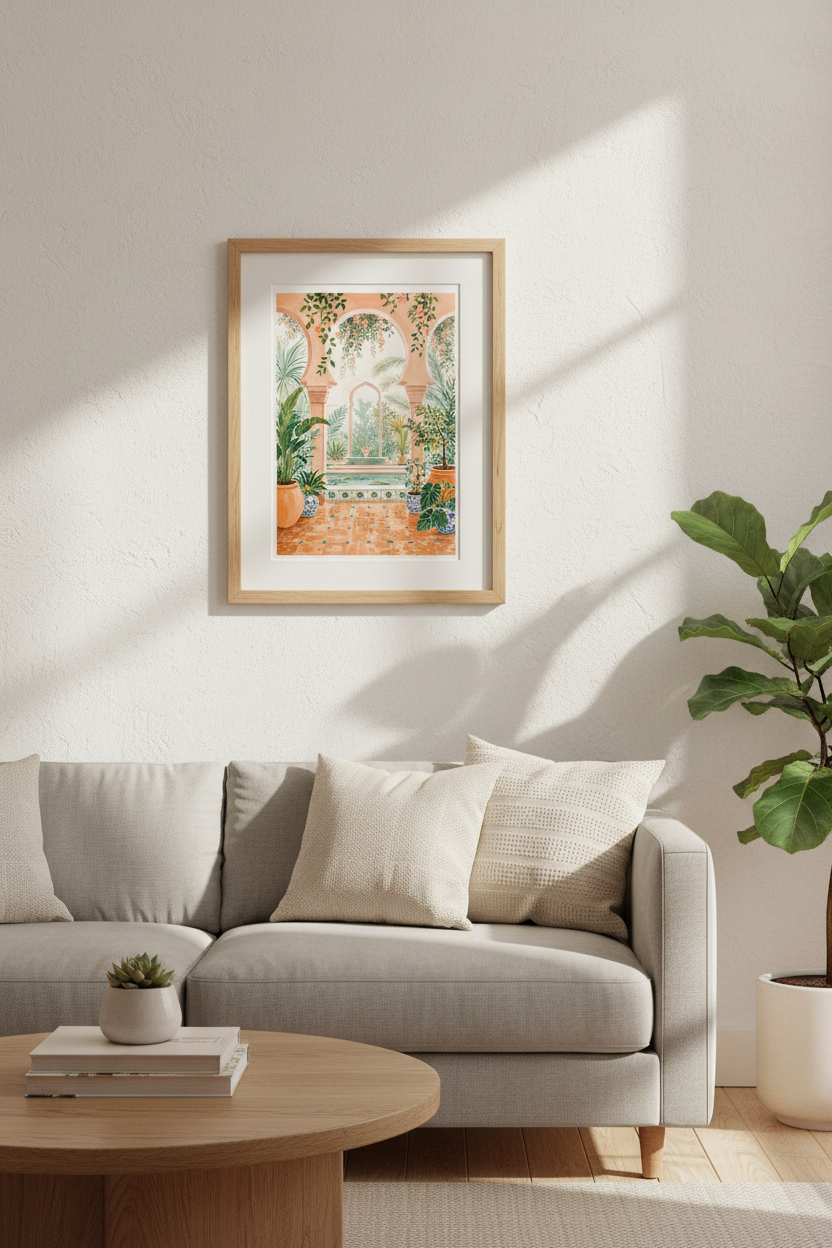 Moroccan Courtyard Wall Art | Peach &amp; Terracotta Garden Print, Boho Mediterranean Decor