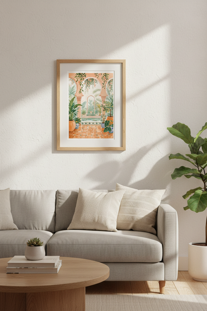 Moroccan Courtyard Wall Art | Peach &amp; Terracotta Garden Print, Boho Mediterranean Decor