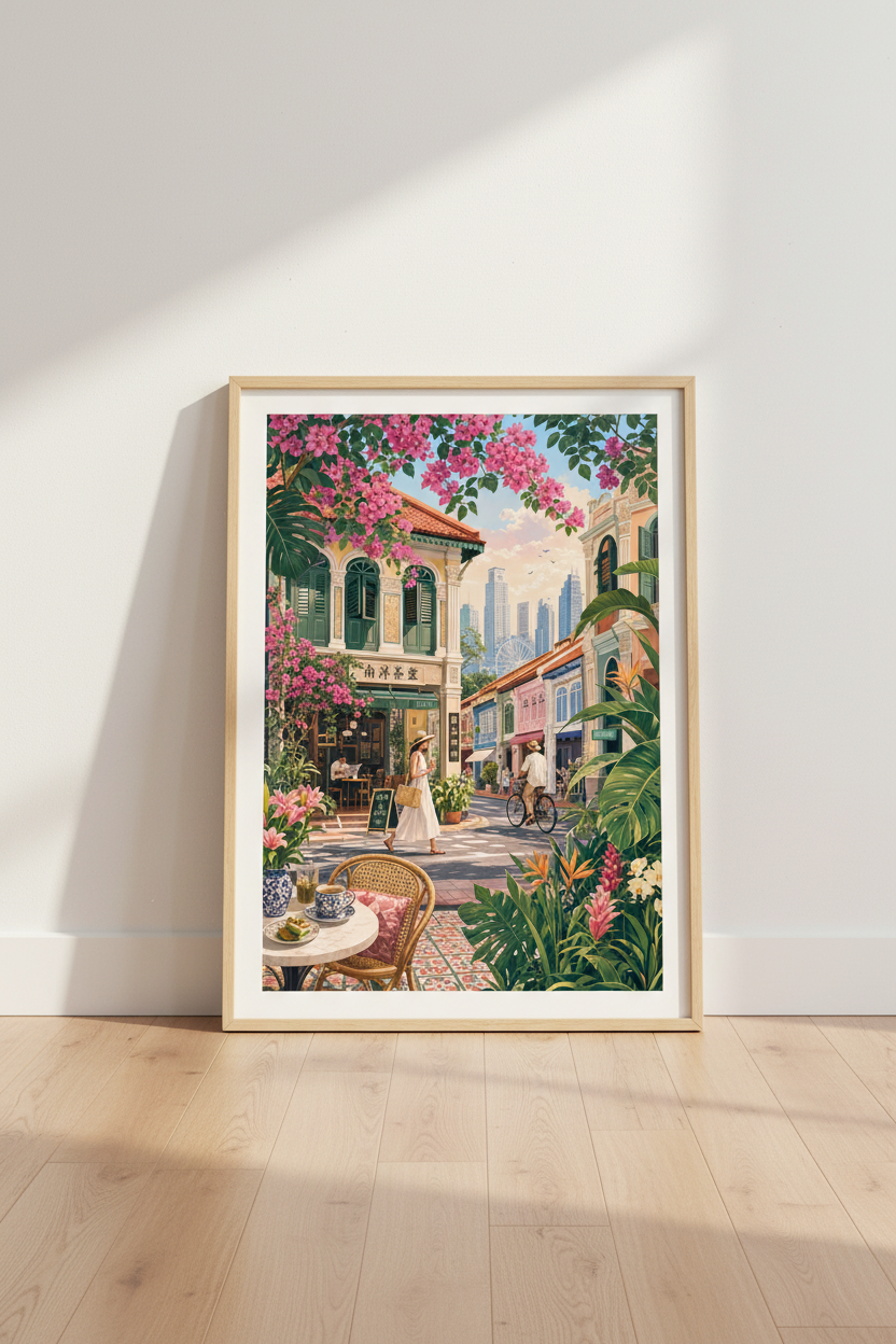 Singapore Shophouse Street Scene Art | Tropical City Poster, Vibrant Travel Decor