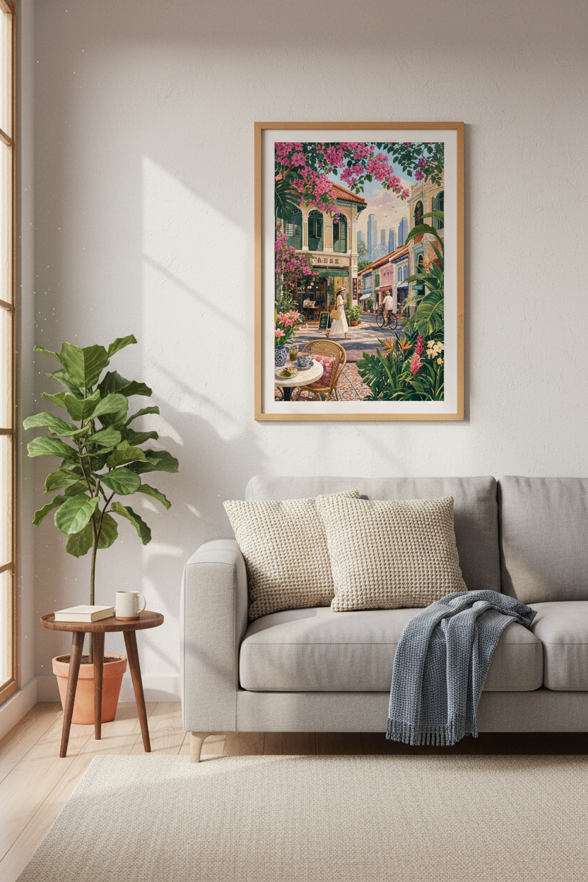 Singapore Shophouse Street Scene Art | Tropical City Poster, Vibrant Travel Decor
