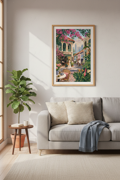 Singapore Shophouse Street Scene Art | Tropical City Poster, Vibrant Travel Decor
