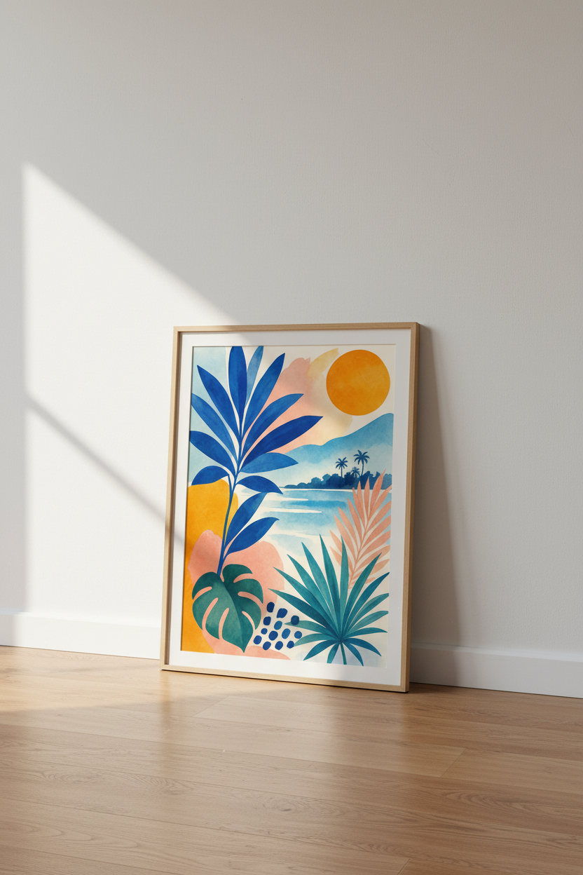 Abstract Tropical Beach Wall Art | Blue &amp; Orange Watercolor Poster, Coastal Decor