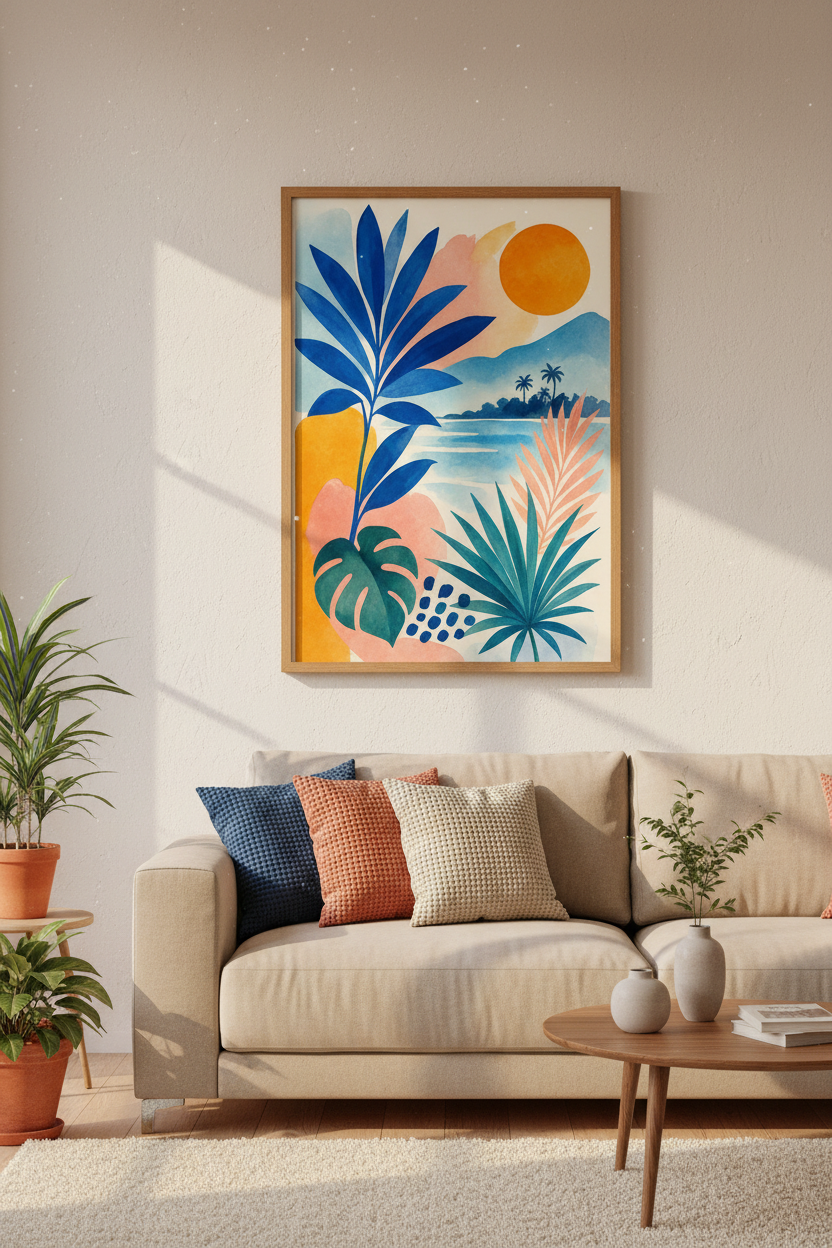Abstract Tropical Beach Wall Art | Blue &amp; Orange Watercolor Poster, Coastal Decor