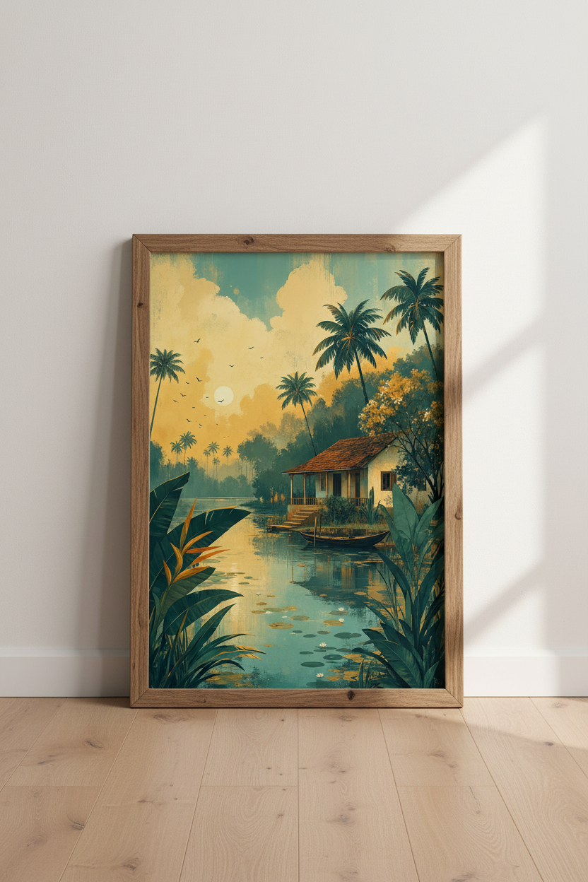 Tropical River Hut Wall Art | Vintage Sunset Landscape | Boho Coastal Poster