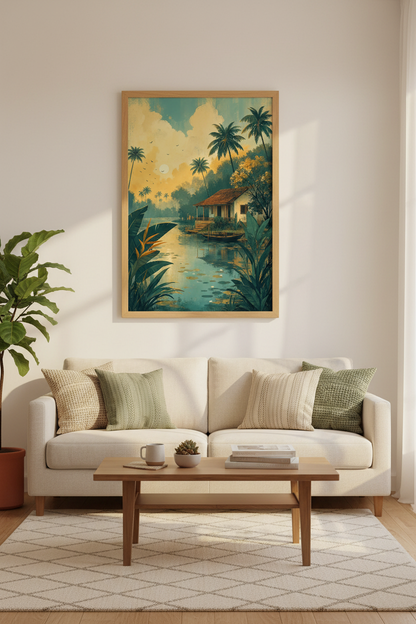 Tropical River Hut Wall Art | Vintage Sunset Landscape | Boho Coastal Poster