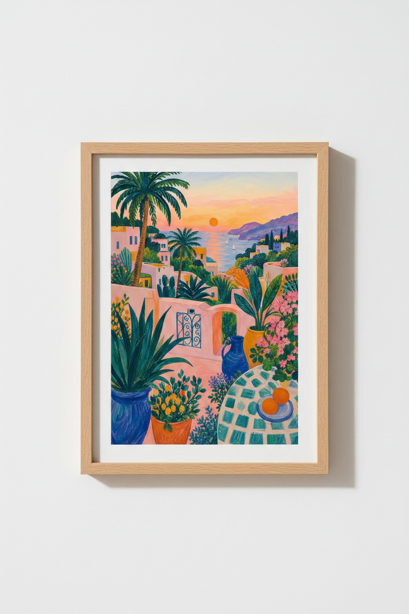 Coastal Italian Wall Art Print | Mediterranean Sunset Poster, Colorful Seaside Decor