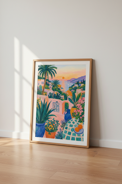 Coastal Italian Wall Art Print | Mediterranean Sunset Poster, Colorful Seaside Decor