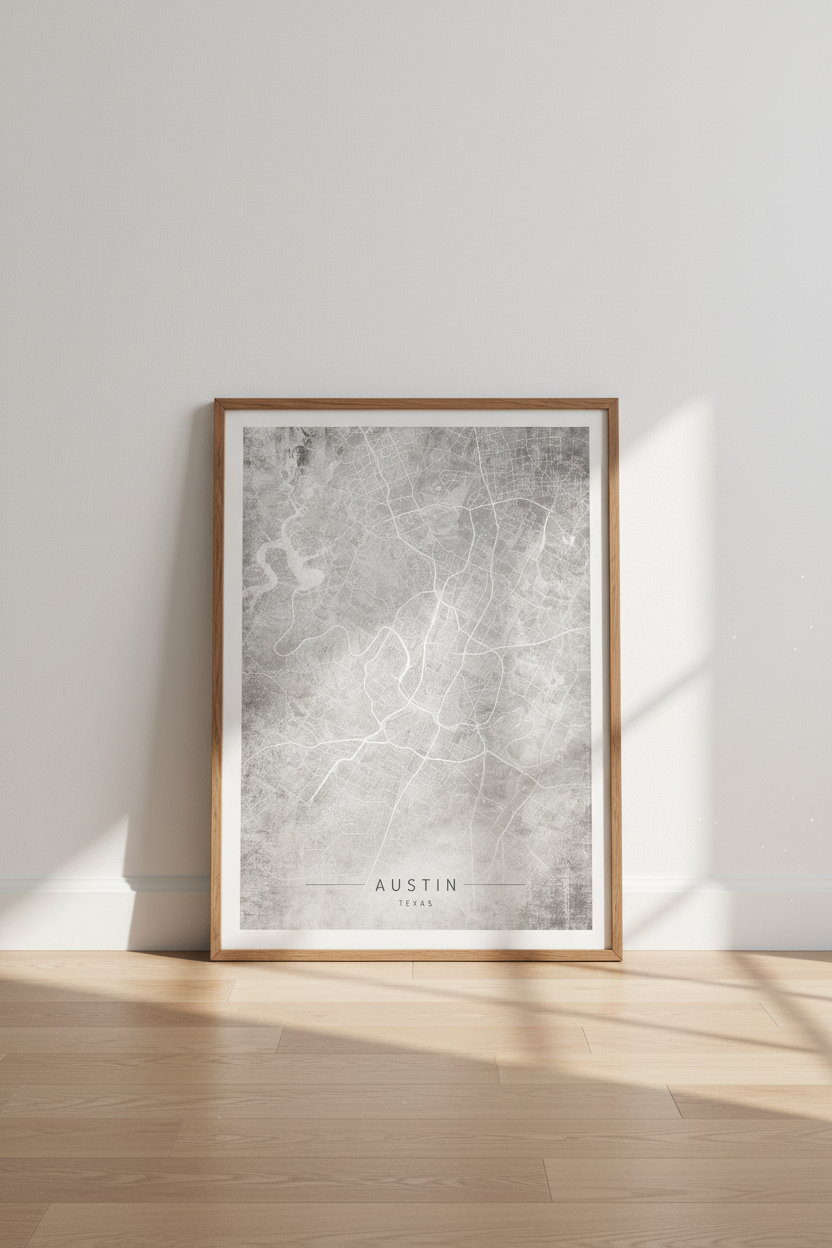 Austin Texas City Map Wall Art | Grey Industrial Decor | Minimalist Poster