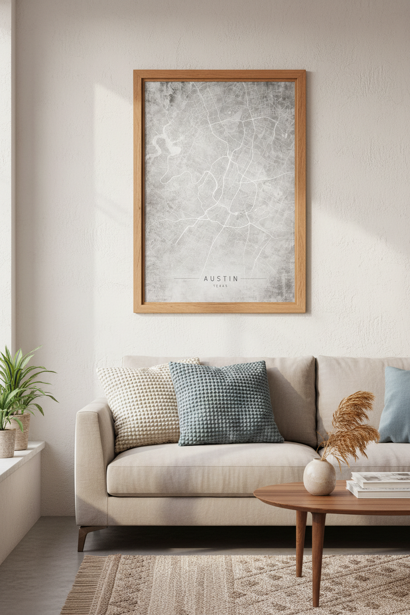 Austin Texas City Map Wall Art | Grey Industrial Decor | Minimalist Poster