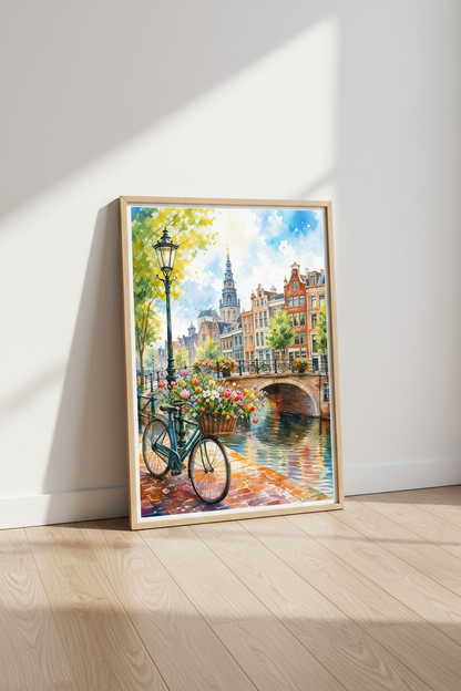 Amsterdam Canal Watercolor Art | European Cityscape, Living Room Decor Poster