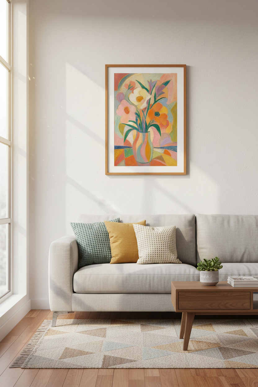 Abstract Floral Bouquet Art | Pastel Pink &amp; Orange Flower Print, Living Room Decor