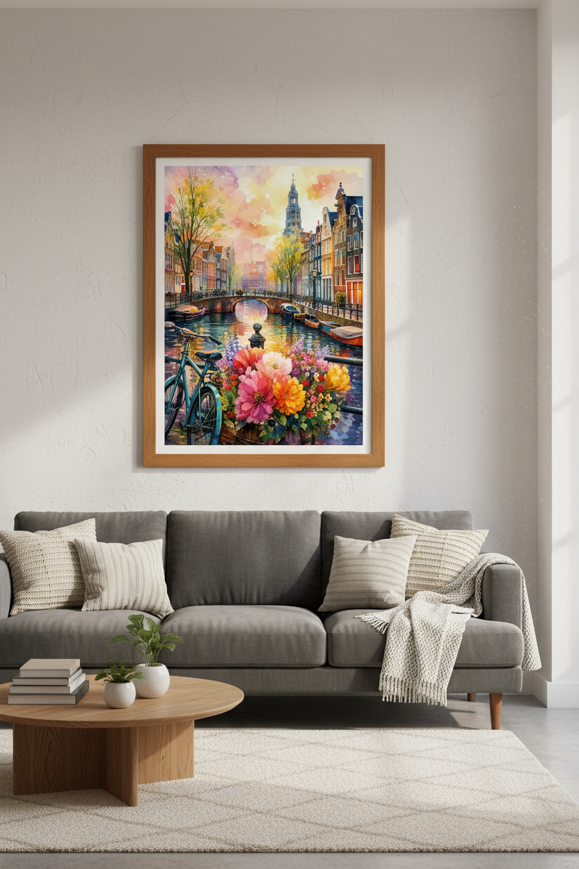 Amsterdam Canal Watercolor | Colorful Cityscape Print, European Travel Wall Art