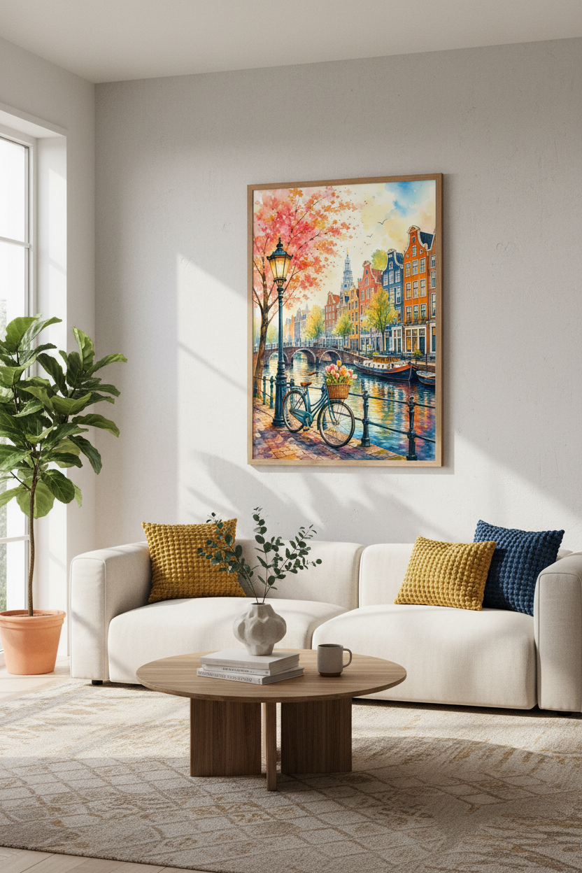 Amsterdam Canal Watercolor Art | Dutch Cityscape Poster, Travel Gift Living Room Decor