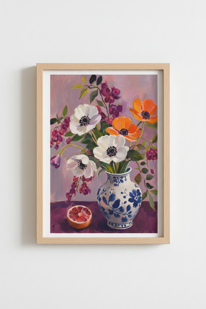 Floral Wall Art | Bold Bouquet in Violet &amp; Orange, Living Room Decor