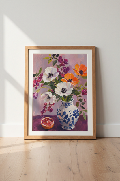 Floral Wall Art | Bold Bouquet in Violet &amp; Orange, Living Room Decor