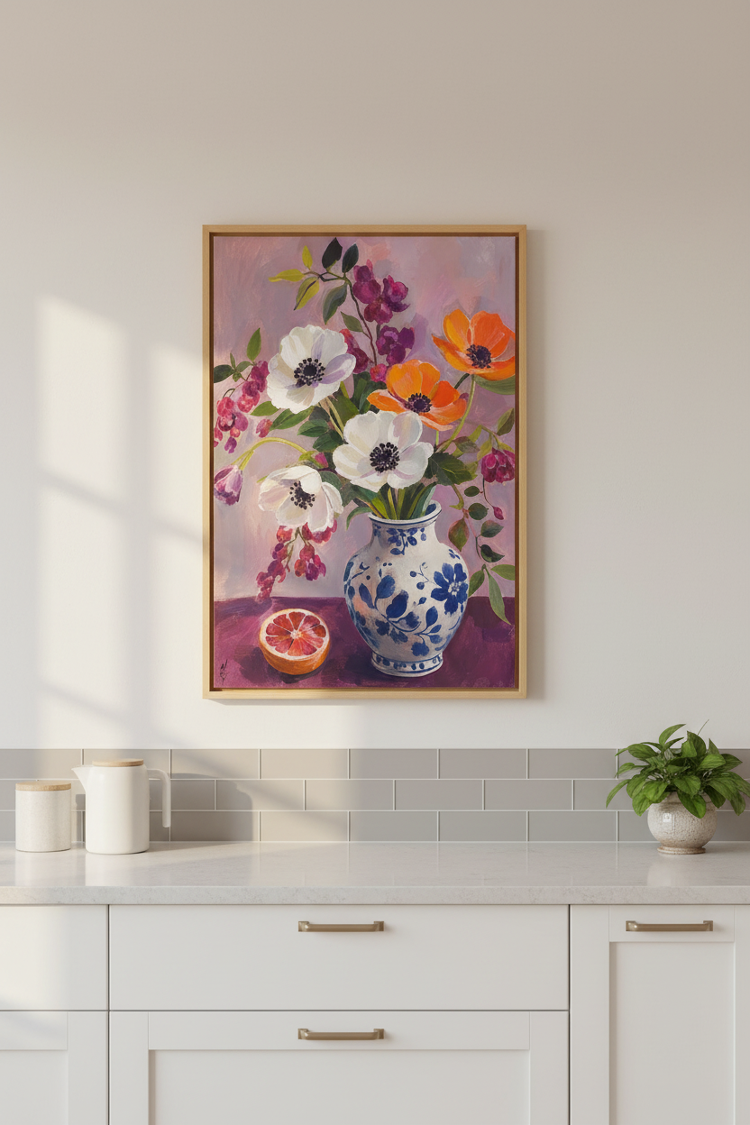 Floral Wall Art | Bold Bouquet in Violet &amp; Orange, Living Room Decor