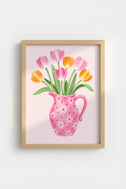 Pastel Tulip Wall Art Print | Pink Floral Vase Decor | Whimsical Nursery Poster