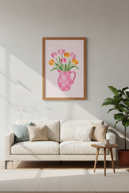 Pastel Tulip Wall Art Print | Pink Floral Vase Decor | Whimsical Nursery Poster