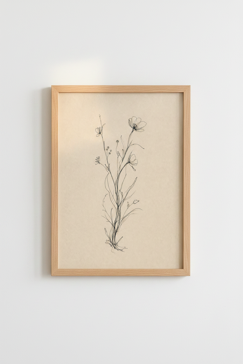 Botanical Line Art | Minimalist Ink Sketch, Beige Paper, Living Room Decor