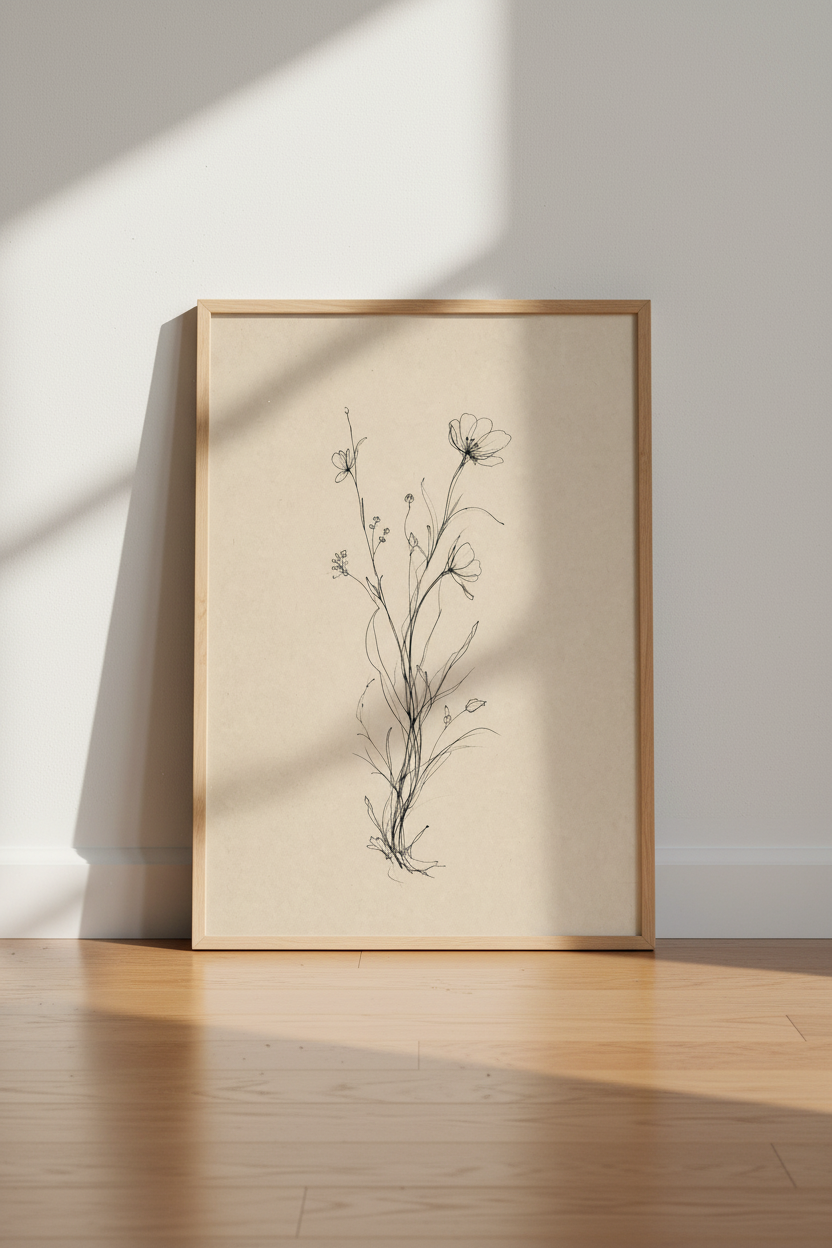 Botanical Line Art | Minimalist Ink Sketch, Beige Paper, Living Room Decor