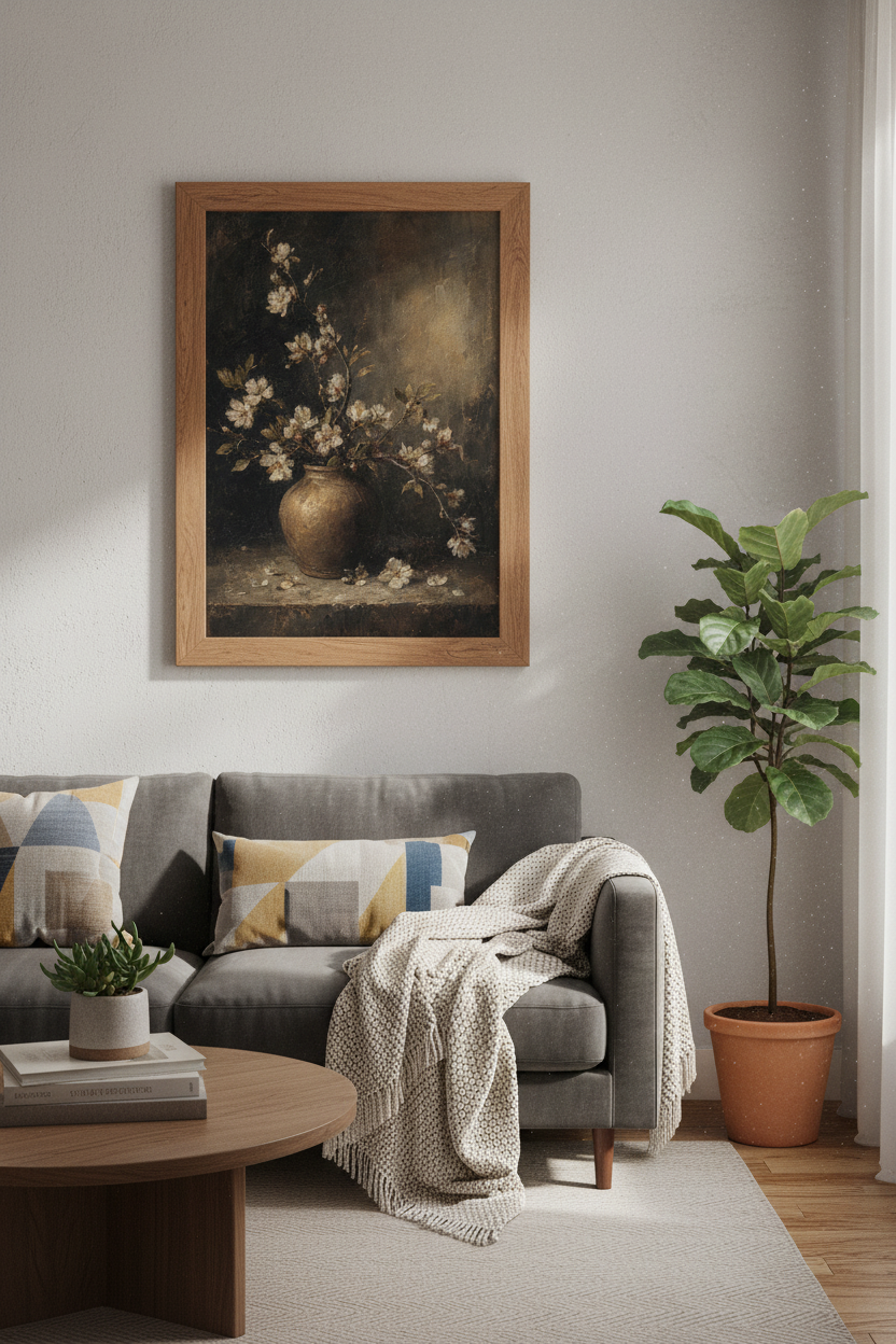 Vintage Moody Floral Still Life | Dark Antique Oil Painting, Bedroom &amp; Study Decor