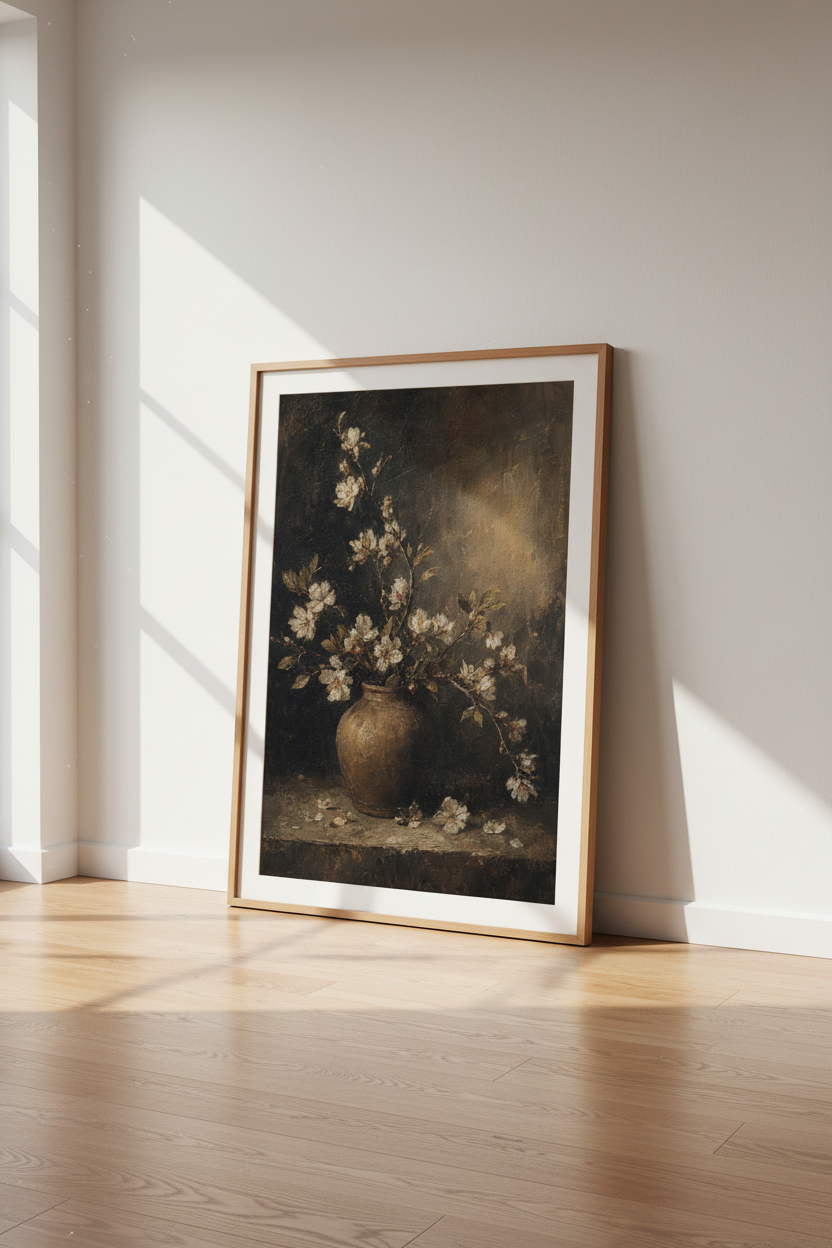 Vintage Moody Floral Still Life | Dark Antique Oil Painting, Bedroom &amp; Study Decor