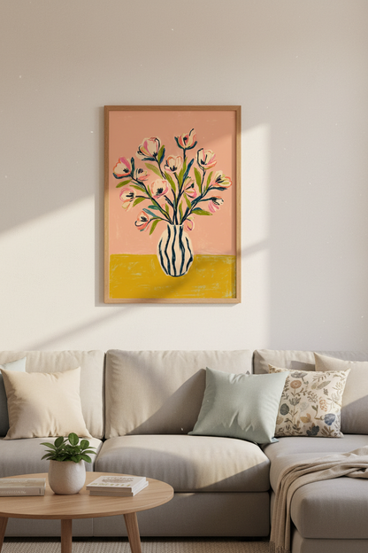 Floral Bouquet in Striped Vase Art | Pink Botanical Poster, Modern Boho Home Decor