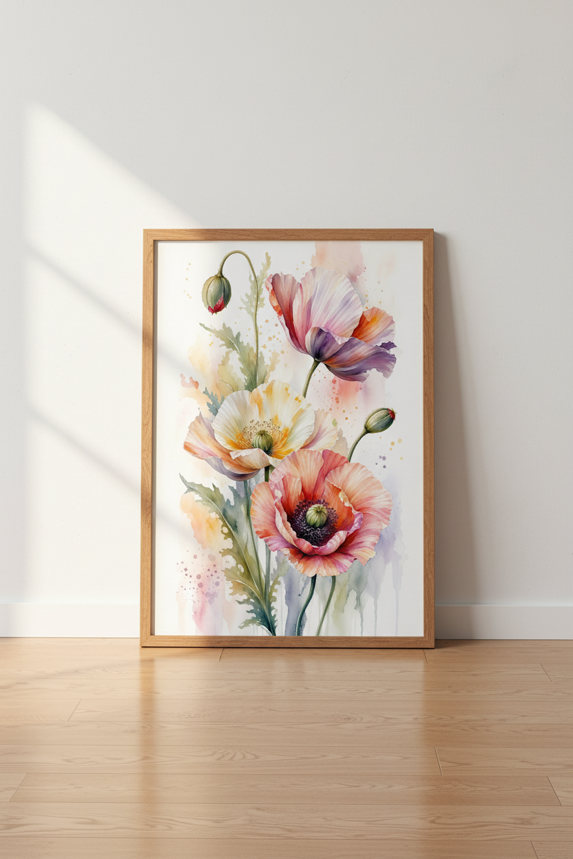 Watercolor Poppy Floral Wall Art | Pastel Botanical Print | Living Room Decor Poster