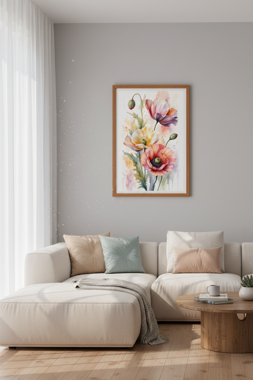 Watercolor Poppy Floral Wall Art | Pastel Botanical Print | Living Room Decor Poster