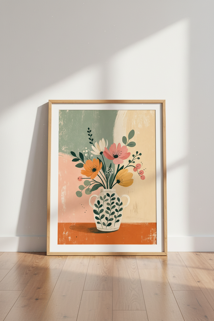 Mid Century Floral Vase Art | Pastel Botanical Print, Boho Living Room Decor