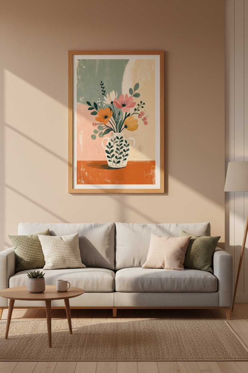 Mid Century Floral Vase Art | Pastel Botanical Print, Boho Living Room Decor