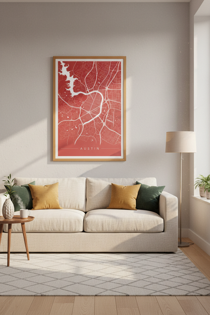 Austin Texas City Map Wall Art | Red Minimalist Poster | Office &amp; Living Room Decor