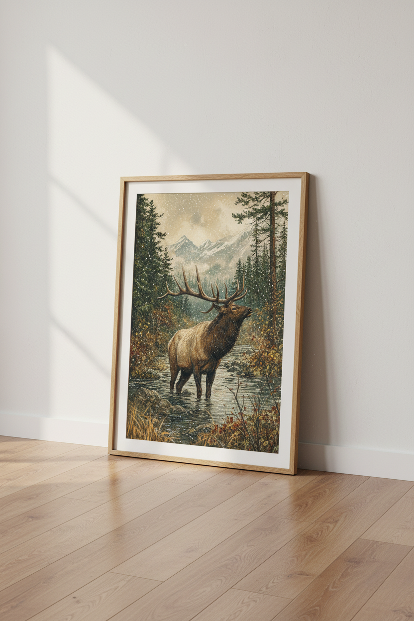 Majestic Elk | Winter Mountain Wildlife Print, Rustic Cabin Decor