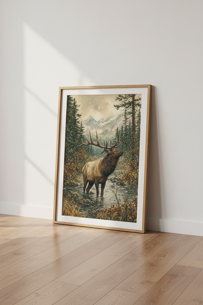 Majestic Elk | Winter Mountain Wildlife Print, Rustic Cabin Decor