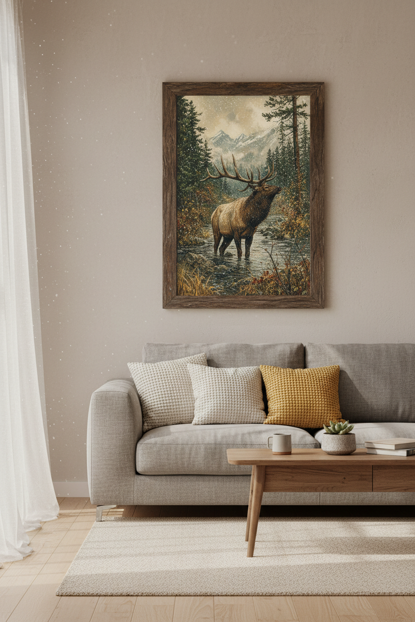 Majestic Elk | Winter Mountain Wildlife Print, Rustic Cabin Decor