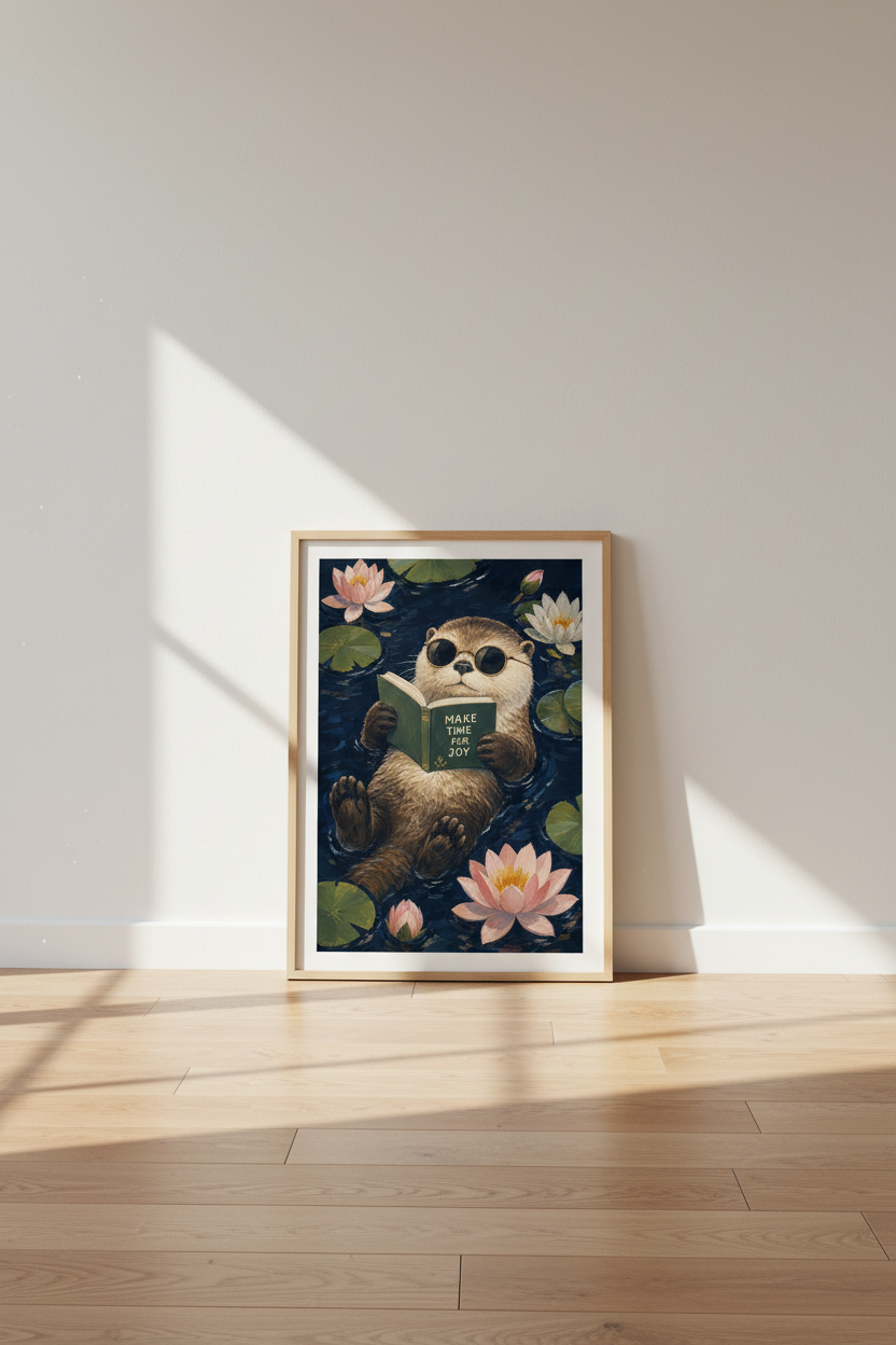 Otter Art Print | Whimsical Animal Reading Poster, Reading Nook Wall Decor
