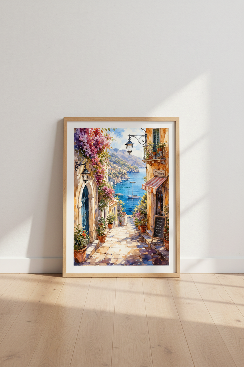 Amalfi Coast Italy Watercolor Wall Art | Coastal Living Room Decor | Mediterranean Poster