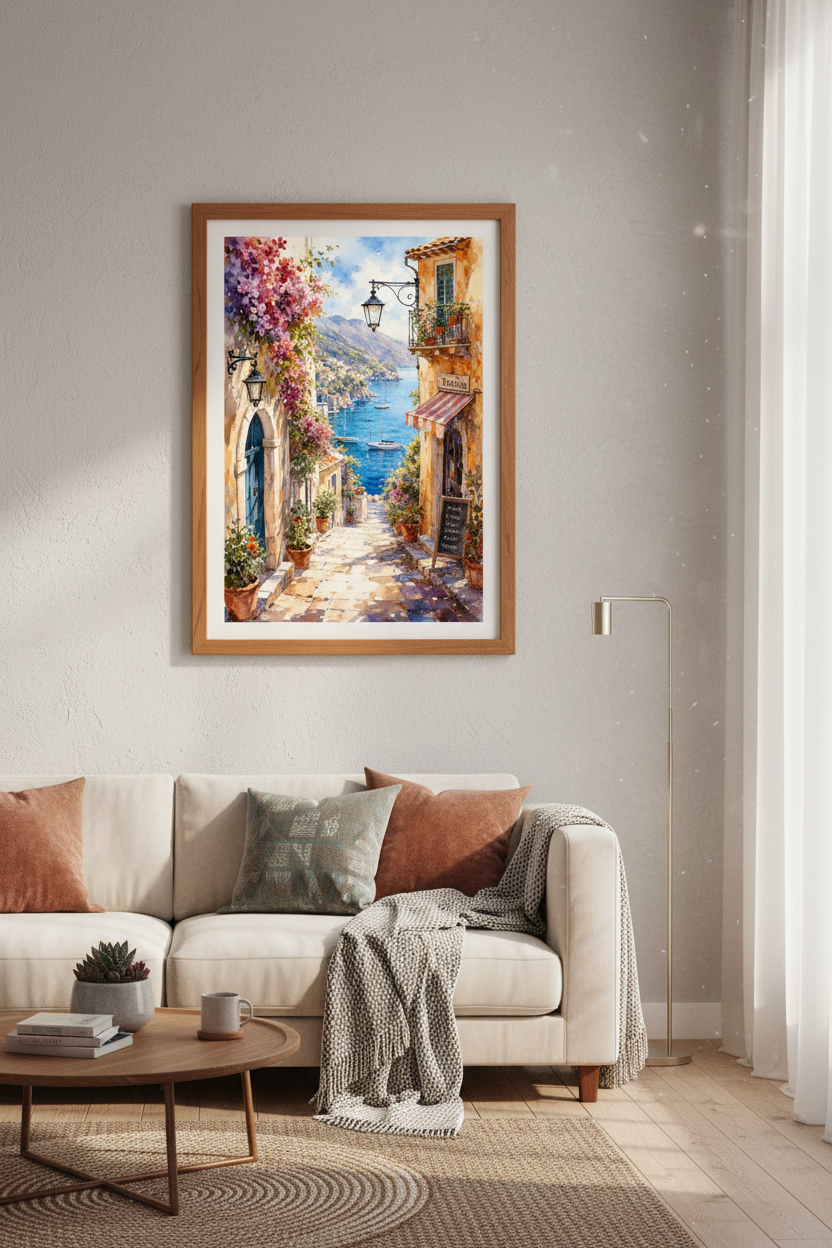 Amalfi Coast Italy Watercolor Wall Art | Coastal Living Room Decor | Mediterranean Poster