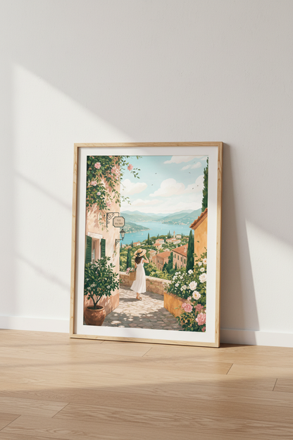 Italian Coastal Village Art | Mediterranean Pastel Landscape, European Summer Decor