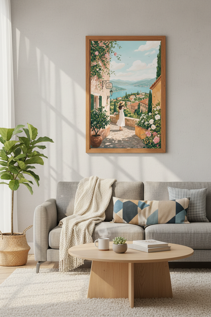 Italian Coastal Village Art | Mediterranean Pastel Landscape, European Summer Decor