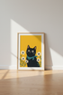 Black Cat with Daisies Art Print | Mid-Century Modern Yellow Poster | Nursery Wall Decor
