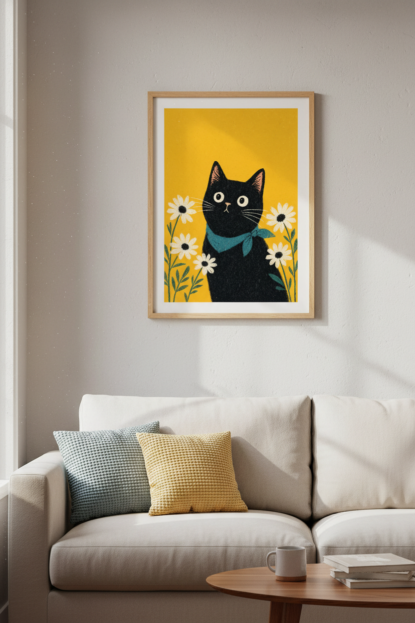 Black Cat with Daisies Art Print | Mid-Century Modern Yellow Poster | Nursery Wall Decor