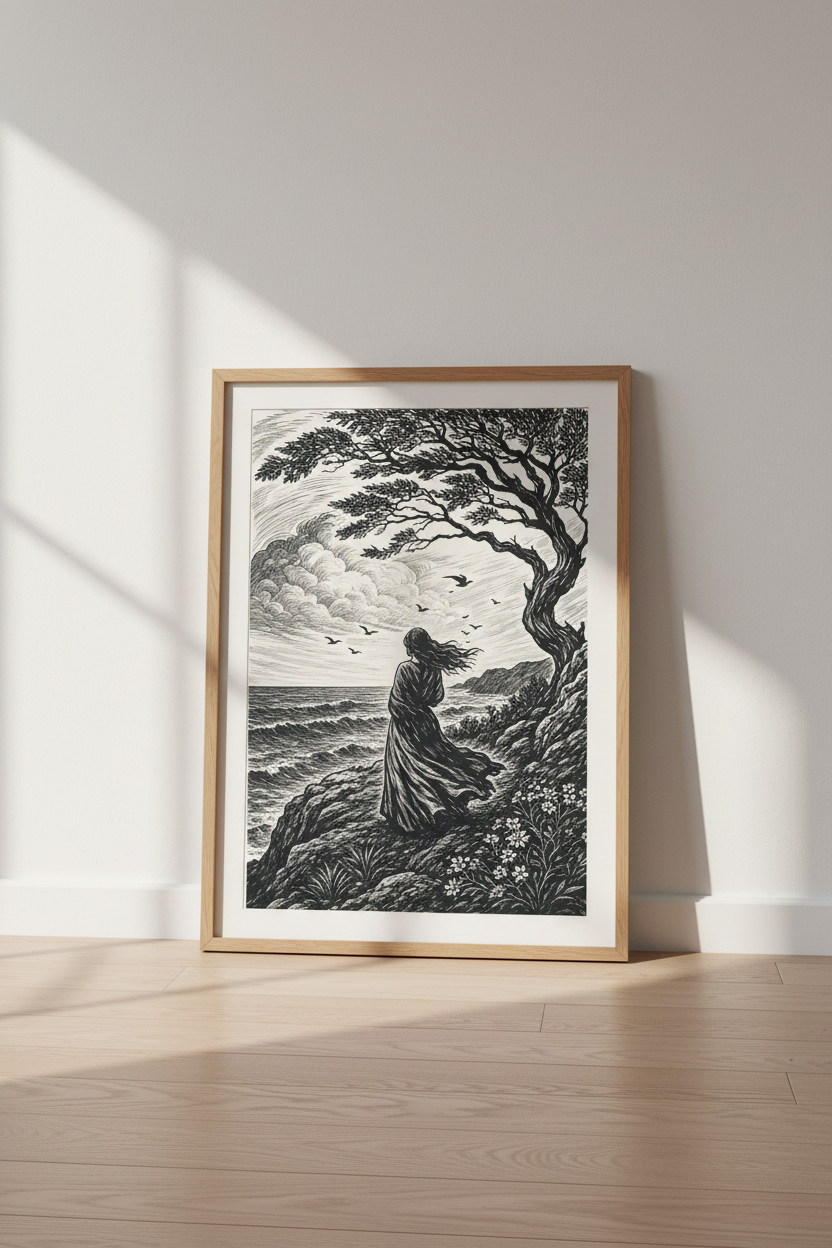 Seaside Woman Linocut Wall Art Print | Coastal Living Room Decor | Moody Woodcut Poster