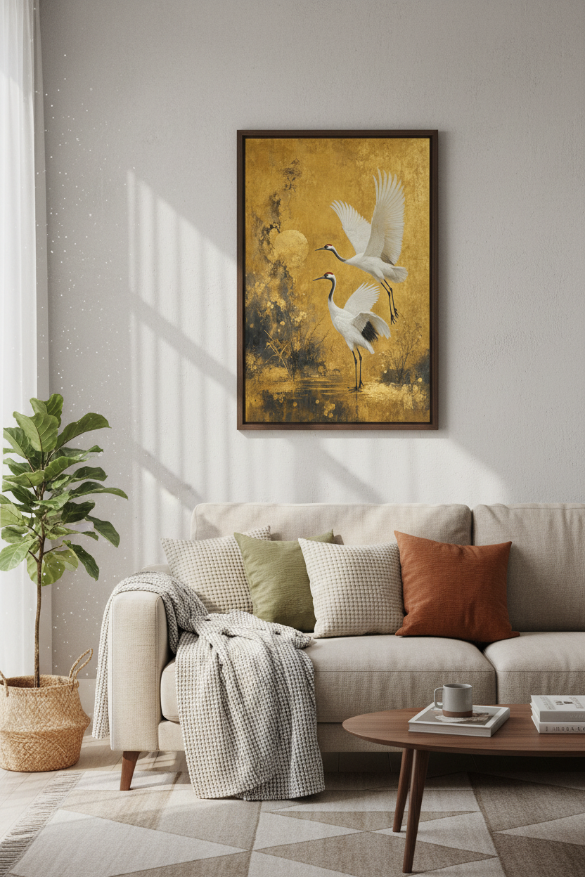 Japanese Crane Wall Art | Gold Leaf Bird Poster, Zen Home Decor