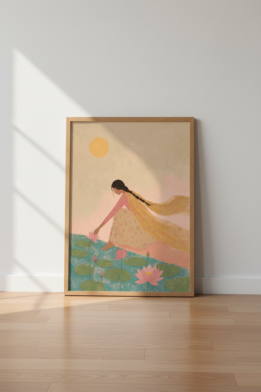 Indian Woman Lotus Pond Wall Art | South Asian Decor Decor | Boho Floral Poster